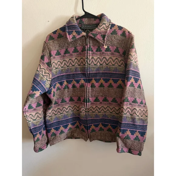 Women's NEW IDENTITY Pink Blue Patterned Vintage Style Full Zip Jacket L - Picture 1 of 4